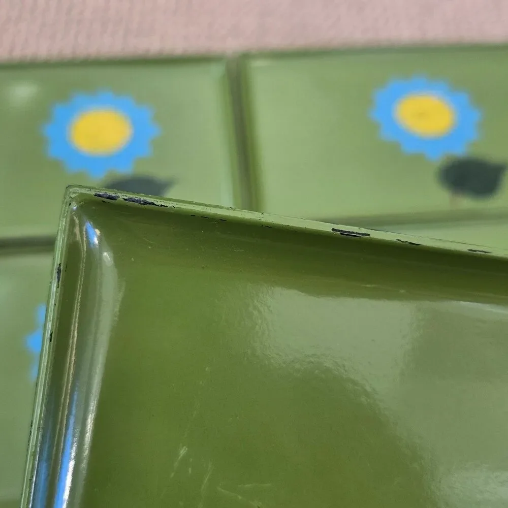 Set 5 Groovy Retro Avocado Green Trays Melamine Japan Mod Flower MCM Small 7.5x5